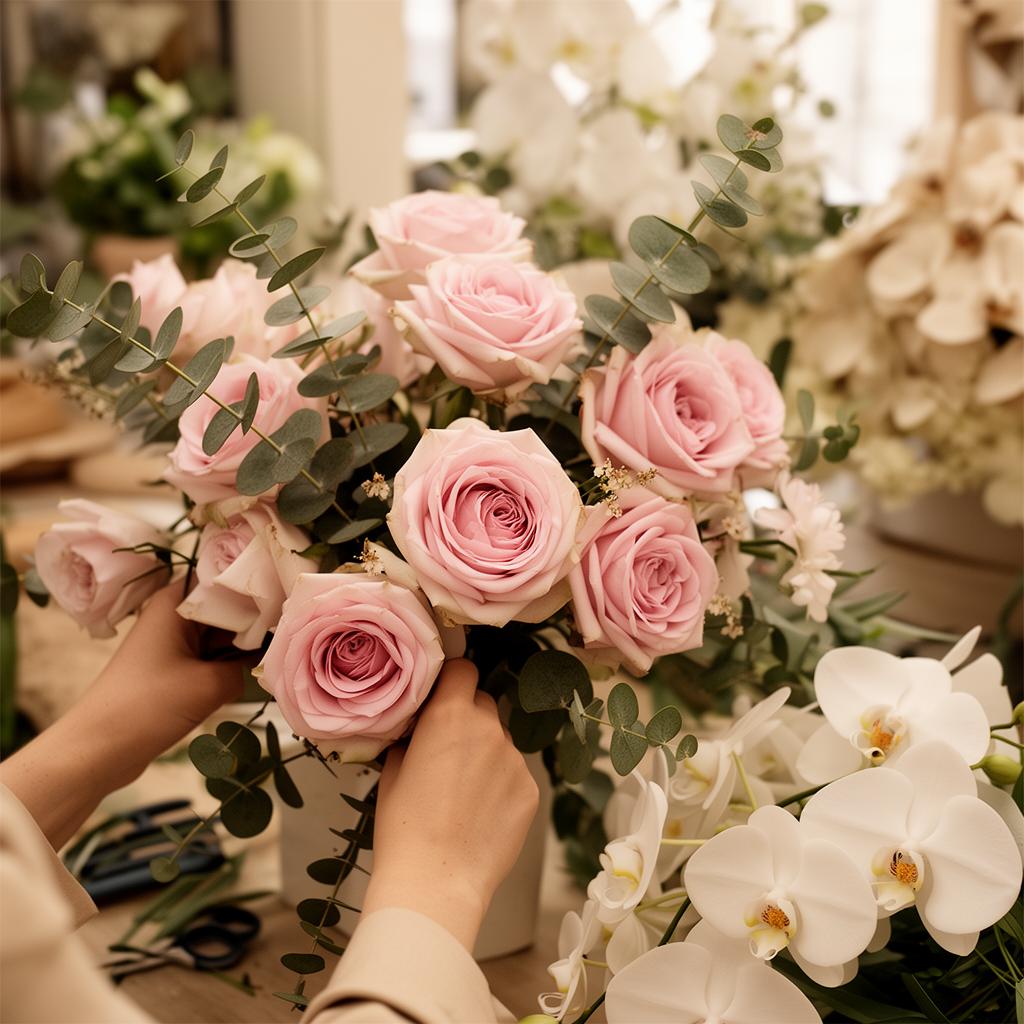 Florista da Bellas Flores arranjando rosas e orquídeas