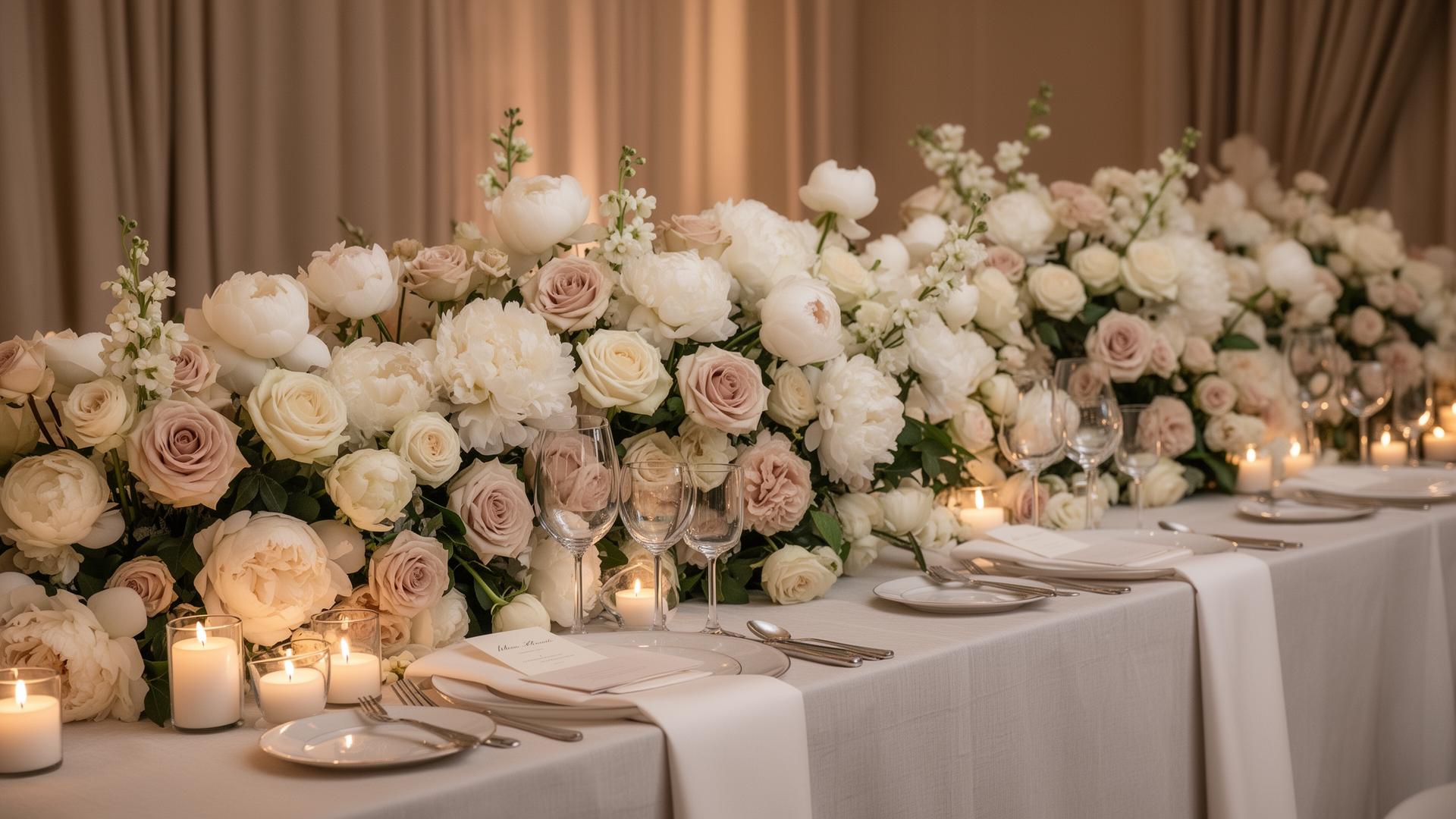 Decoração floral elegante de casamento com rosas e peônias